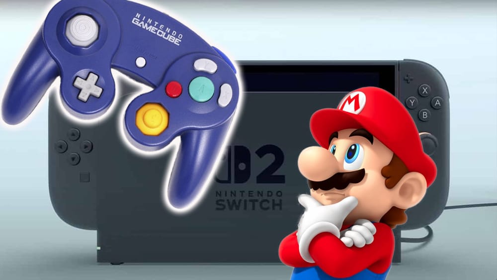 Mario looking confused at a Nintendo Switch 2 and GameCube controller