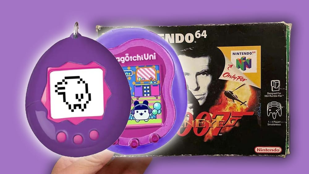 Two tamagotchis and GoldenEye 007 box for the N64