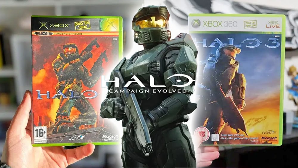 Halo 2 and 3 game case images with the Master Chief in the middle