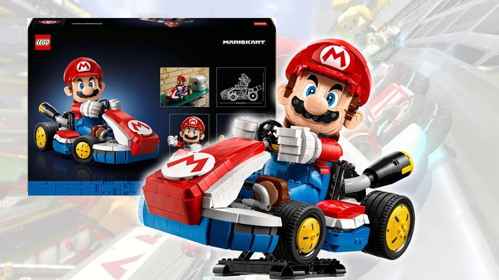 Mario Kart LEGO set with the box in the background. A scene from Mario Kart 8 Deluxe provides a faint backdrop