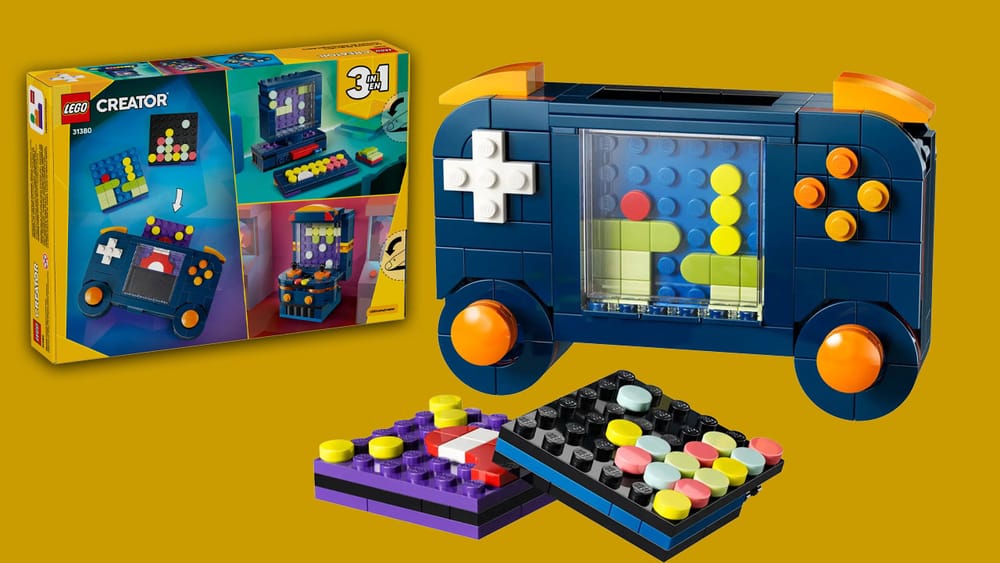 A LEGO box for the 3-in-1 gaming set (left) with a large picture of the LEGO handheld part of the set (right)