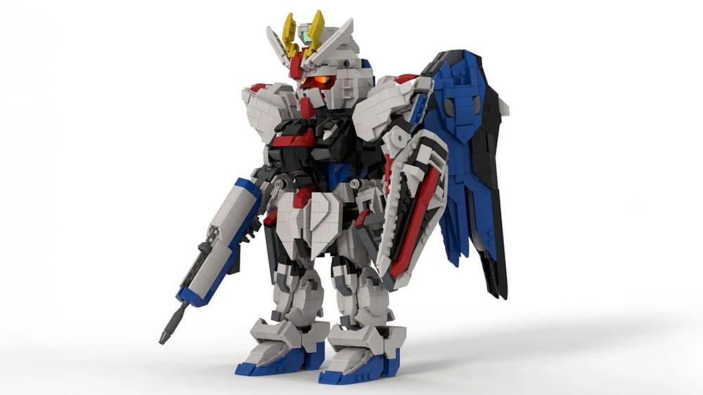 Side-front profile of the LEGO Freedom Gundam set from the LEGO Ideas page