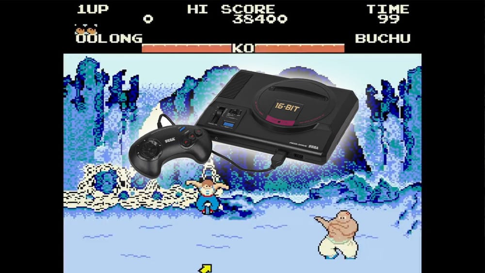 Image of Yie Ar Kung Fu gameplay with a Sega Genesis console superimposed on top