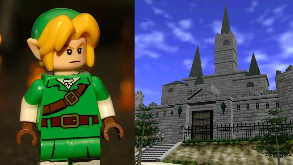 Link in LEGO form (left) and Hyrule Castle from Ocarina of Time (right)