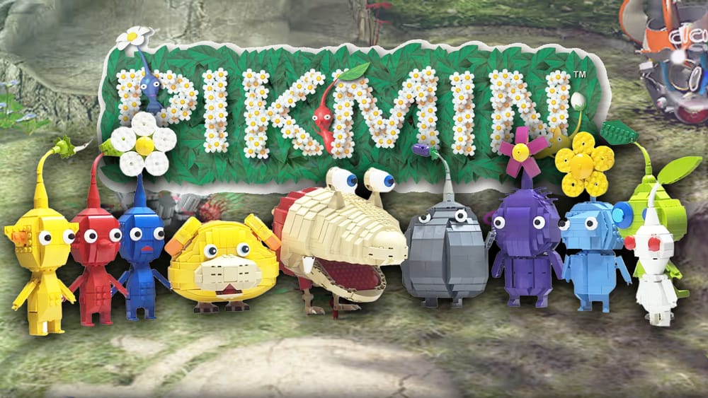Pikmin made out of LEGO on a background taken from a Pikmin level. They are standing in front of the Pikmin logo