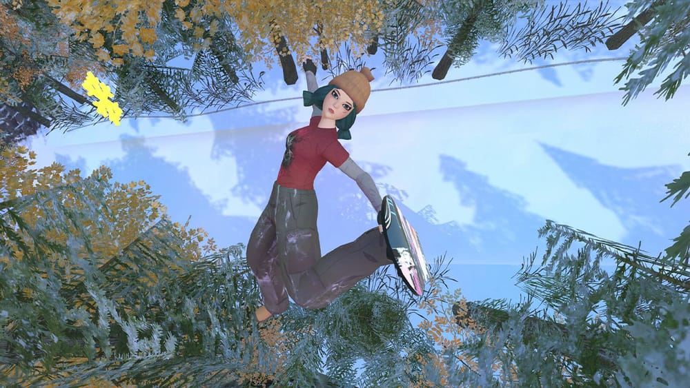 Main character from Tricky Madness pulling off a trick in some trees