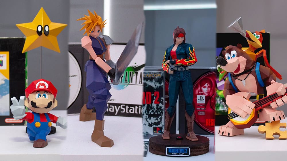 Low-poly figurines of Bowser, Cloud Strige, Claire Redfield, and Banjo-Kazooie