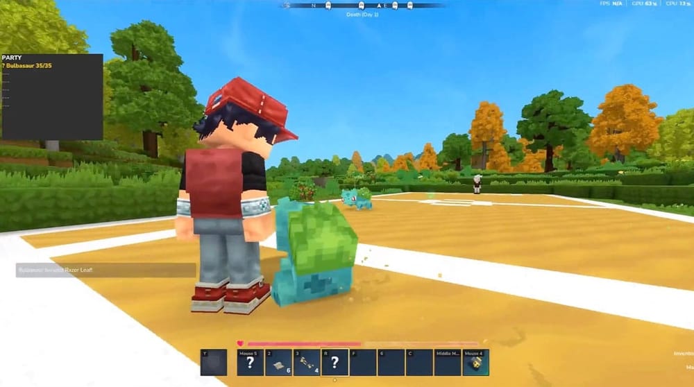 A blocky trainer and two Bulbasaurs in a new Pokémon mod built within Hytale