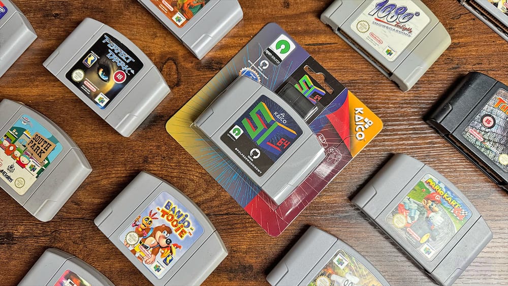 Seb's N64 collection with the SC64 in its packet in the middle