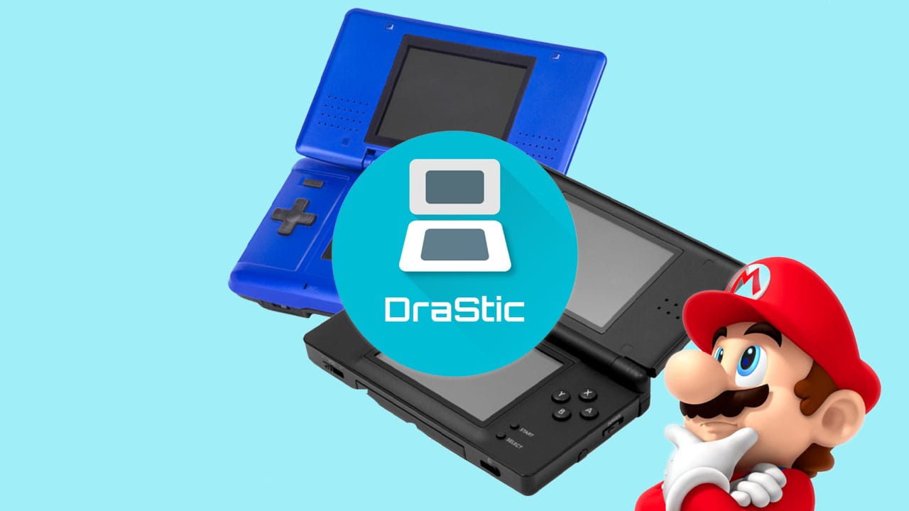 Two nintendo ds consoles and Mario looking confused with the Drastic Logo