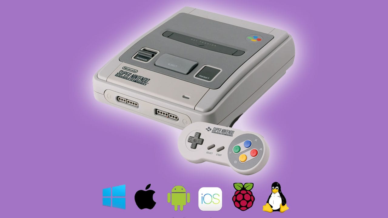 A picture of a SNES console with symbols of operating systems underneath