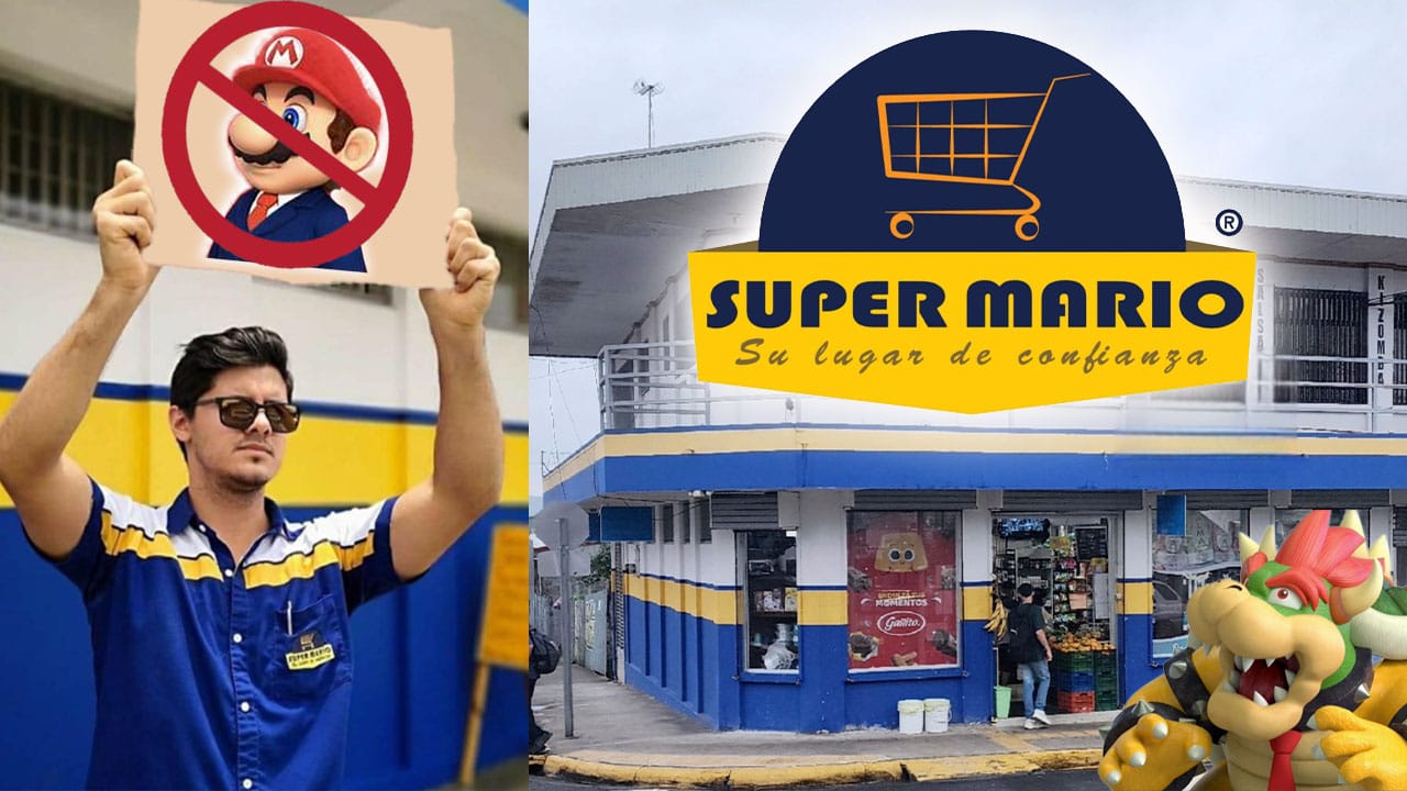 Carlos holding a sign next to his supermarket. He is holding a sign with Mario on it, bowser looks scared