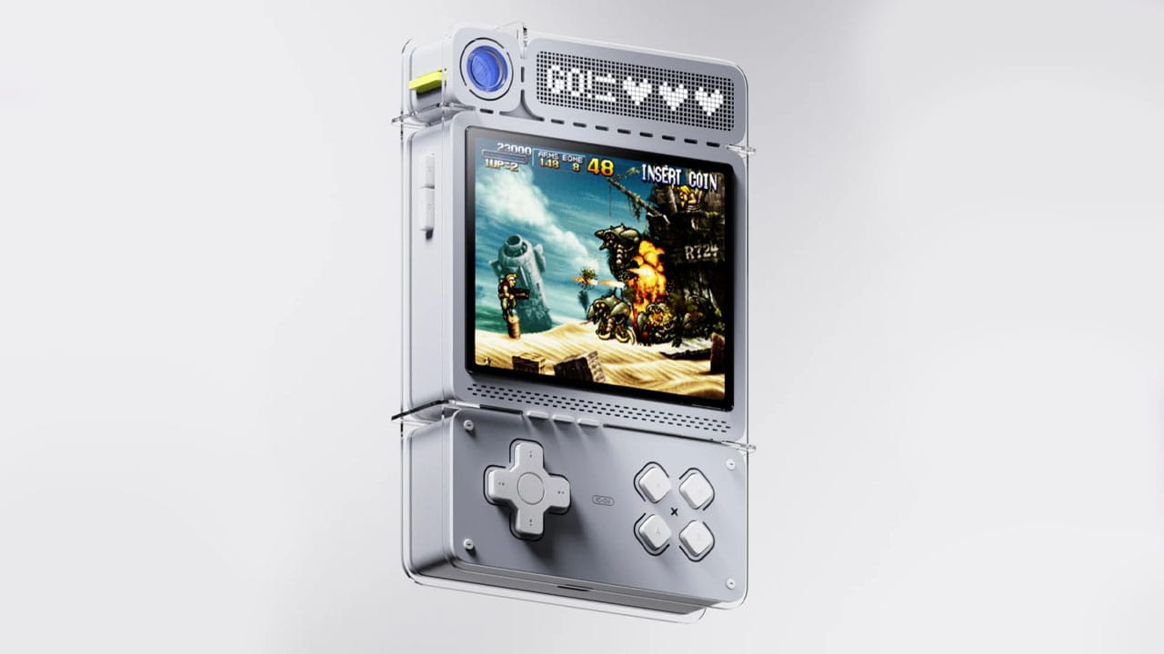 An image of the CoinPlay handheld with Metal Slug playing