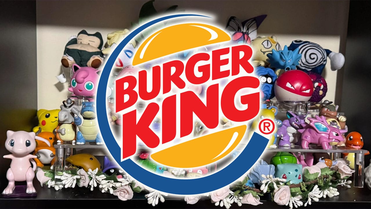 A burger King logo covering a pokémon toy collection