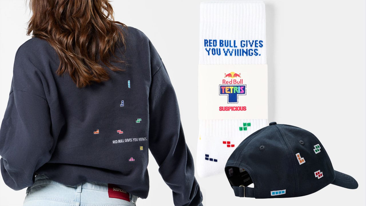 Clothing with Tetris block branding on it