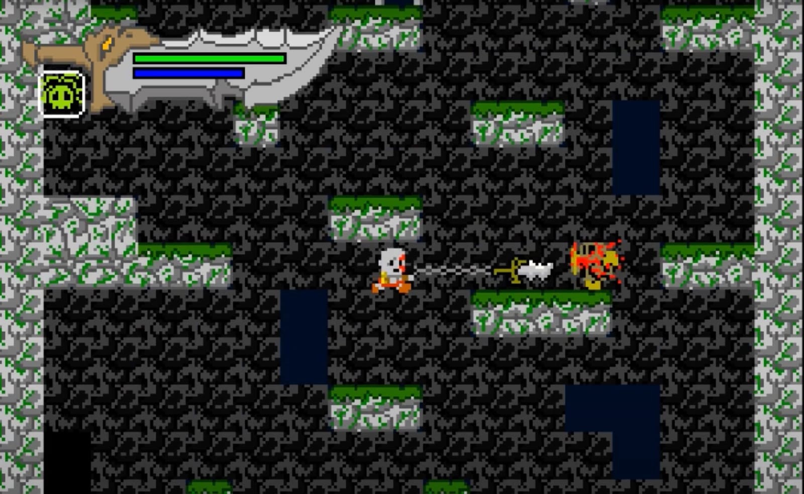 Kratos attacking an enemy mid jump in 8-bit