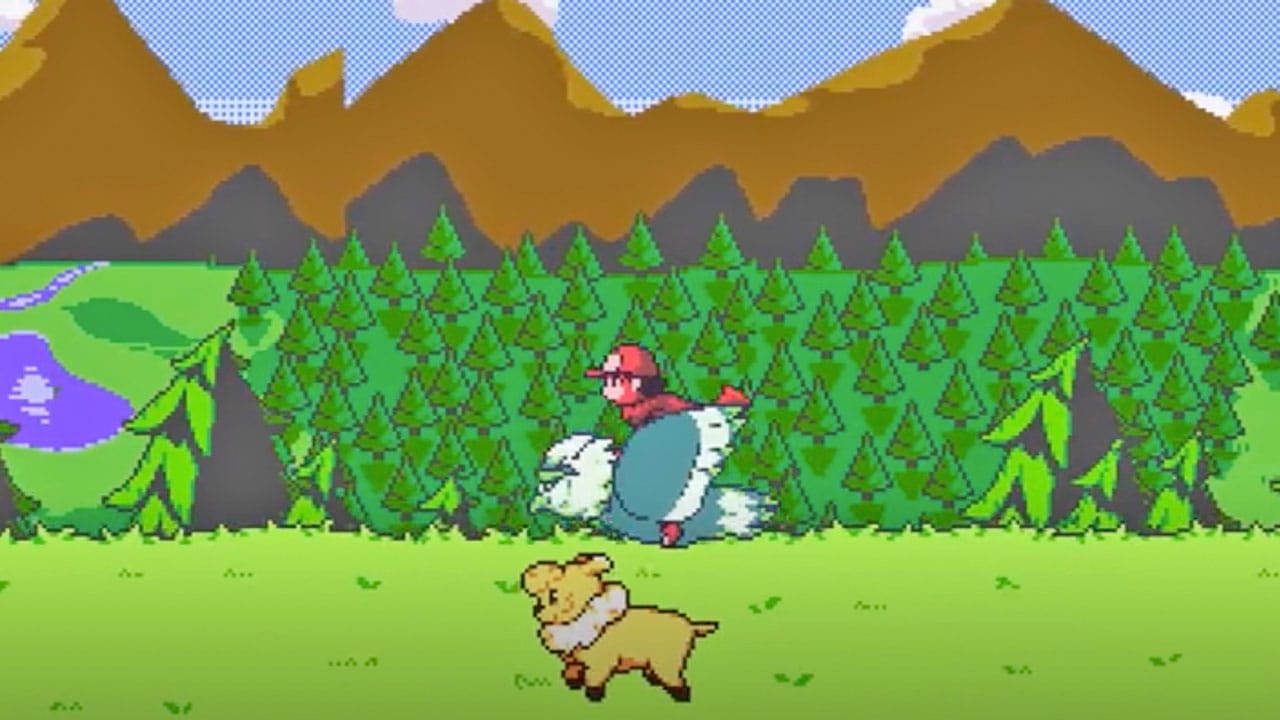 A character riding an eagle while a sheep-style animal runs along underneath it. 