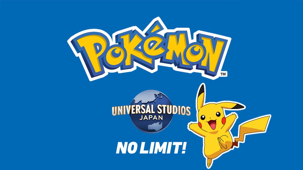 Logos for Pokémon and Universal Studios Japan, with a Pikachu jumping