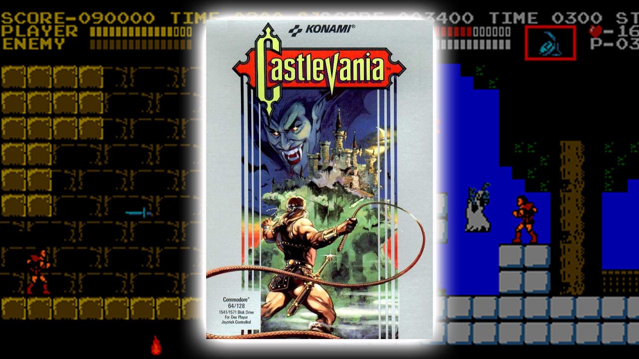 Two images from a Castlevania ROM hack with the Castlevania game case in the middle