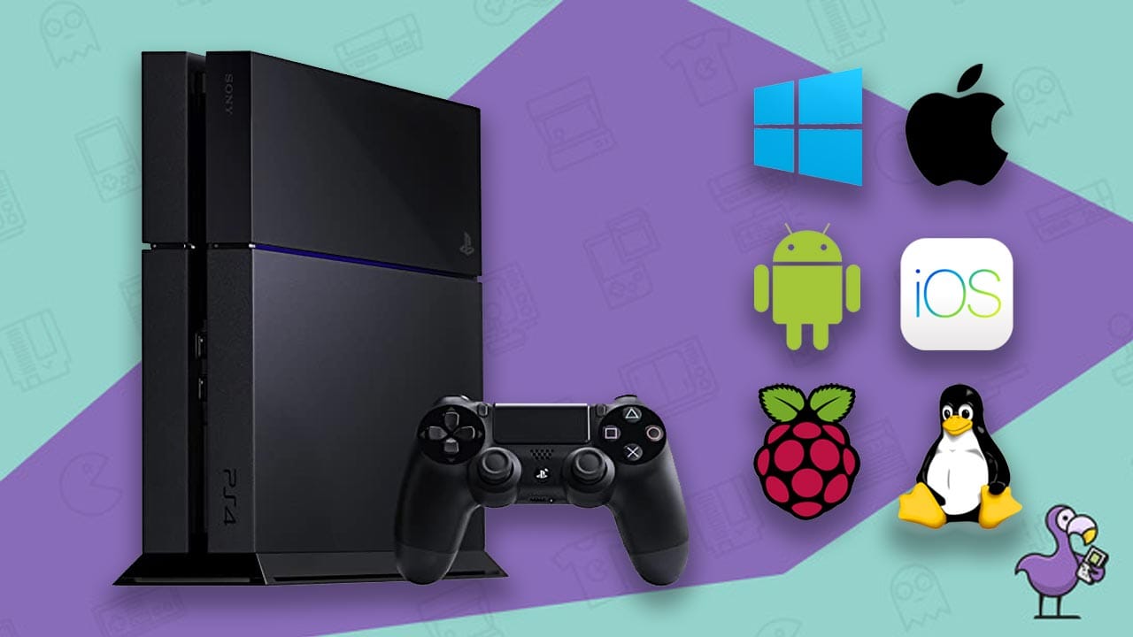 A PS4 (upright) next to 6 logos for operating systems