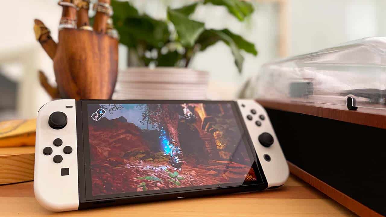 Seb's Nintendo Switch next to a vinyl player and a plant, showing one of his favourite Indie games