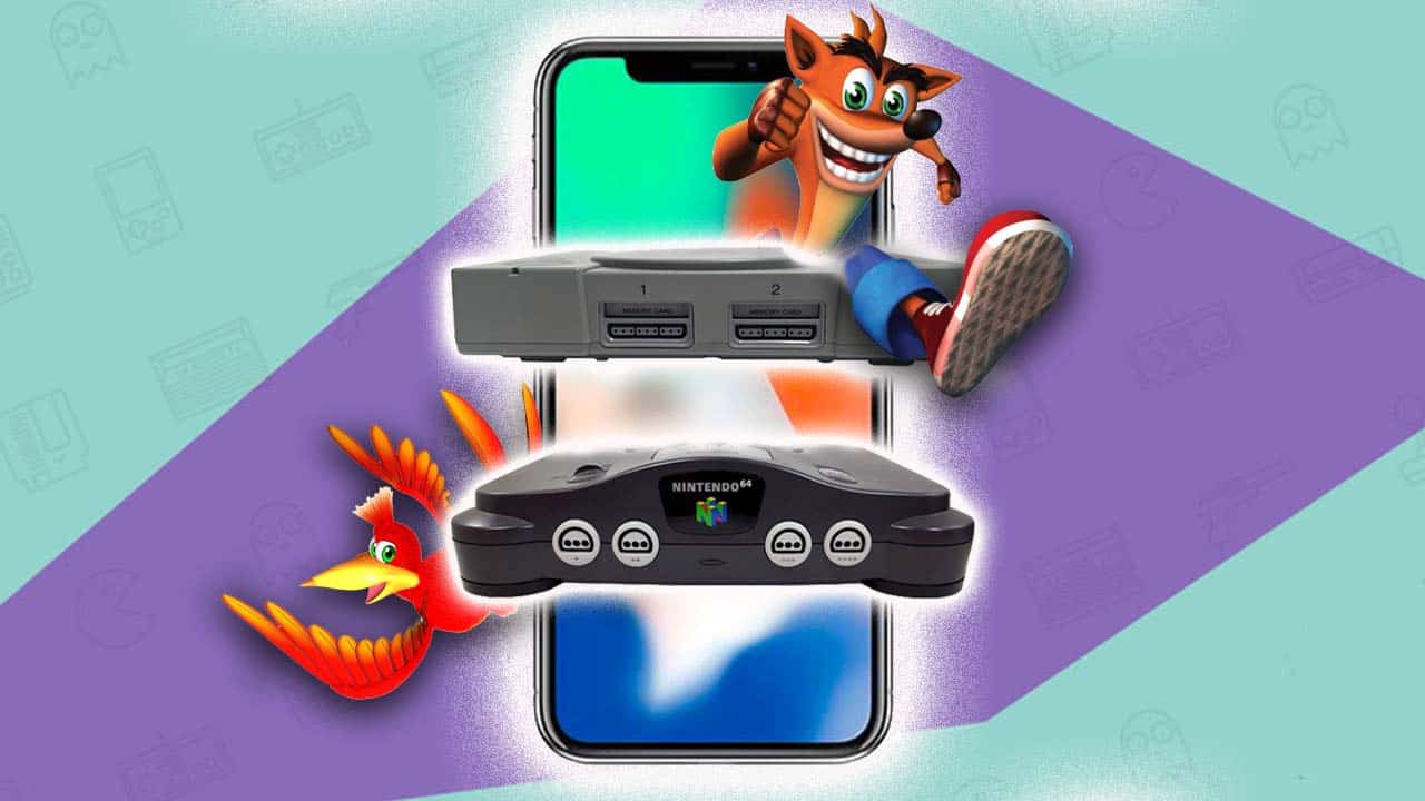 A mobile phone showing retro games console and characters popping out.