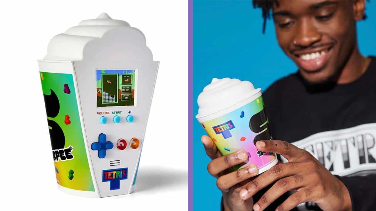 Two images of the Slurpee Tetris Handheld