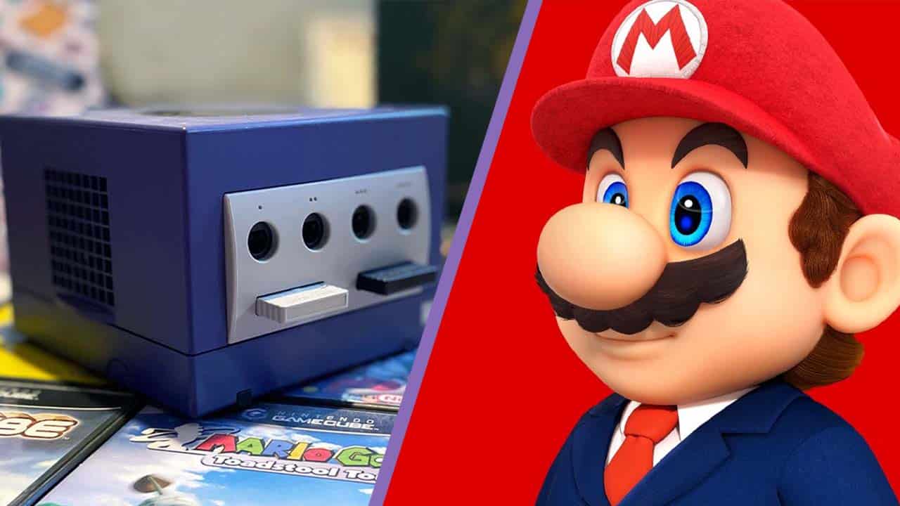 Gamecube with Mario dressed in a suit