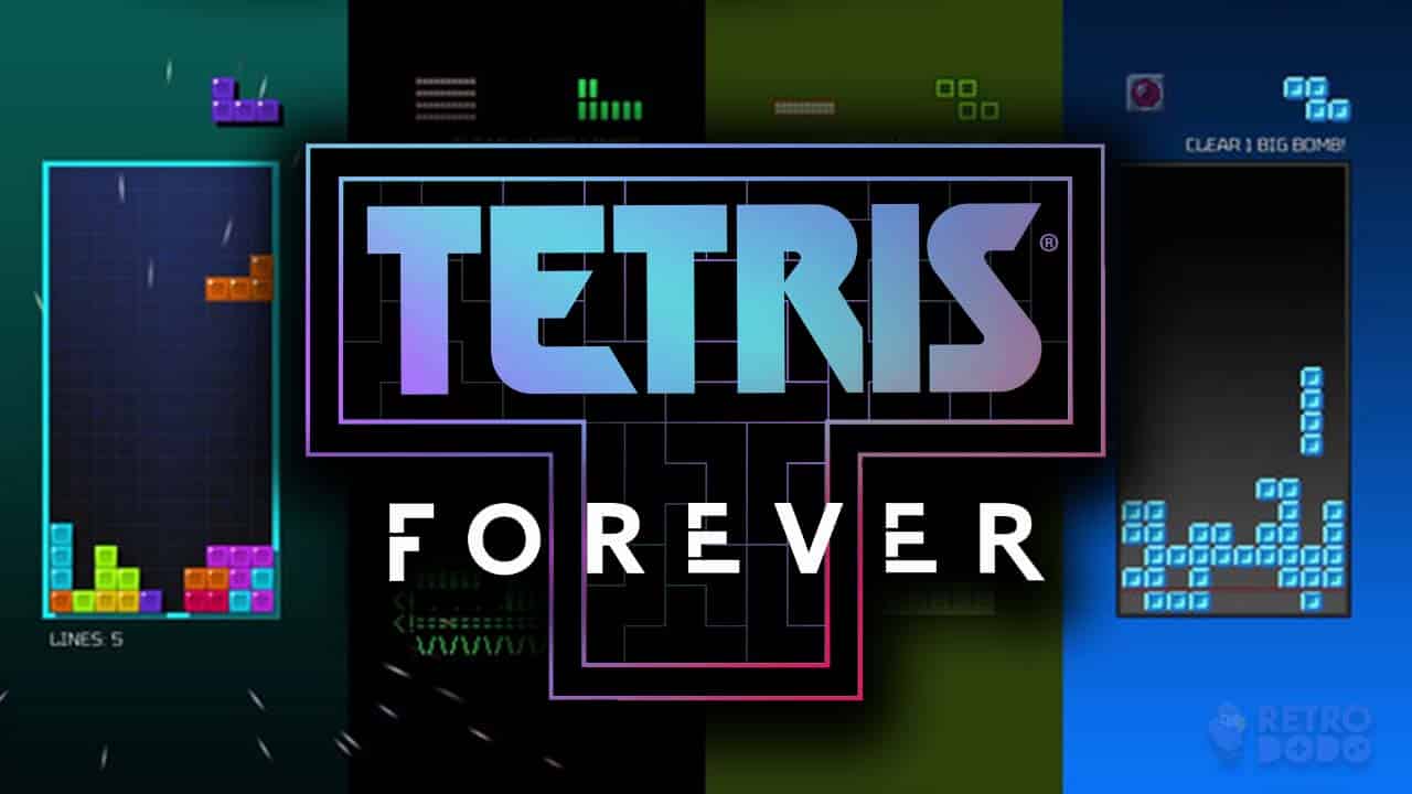 Tetris forever logo and screenshot of the Time Warp game in the new edutainment package