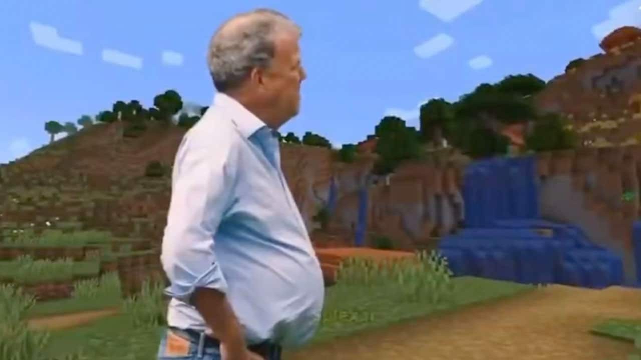 Jeremy Clarkson standing in a Minecraft level