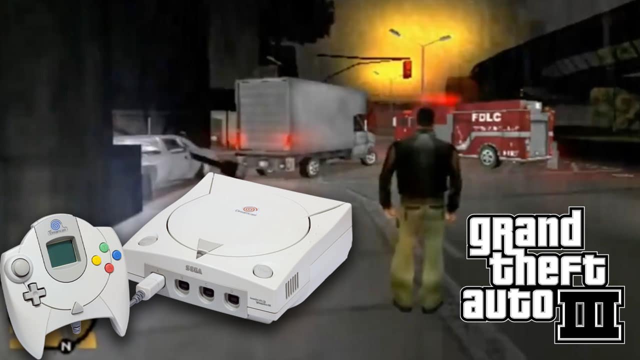 Feature image showing GTA 3 running on a Dreamcast, with a logo for the game and an image of a Dreamcast