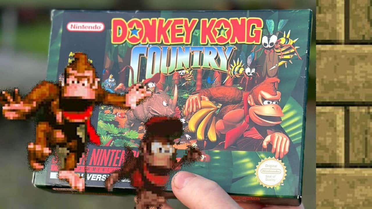 a picture of us holding DKC Snes box with Donkey Kong in the foreground