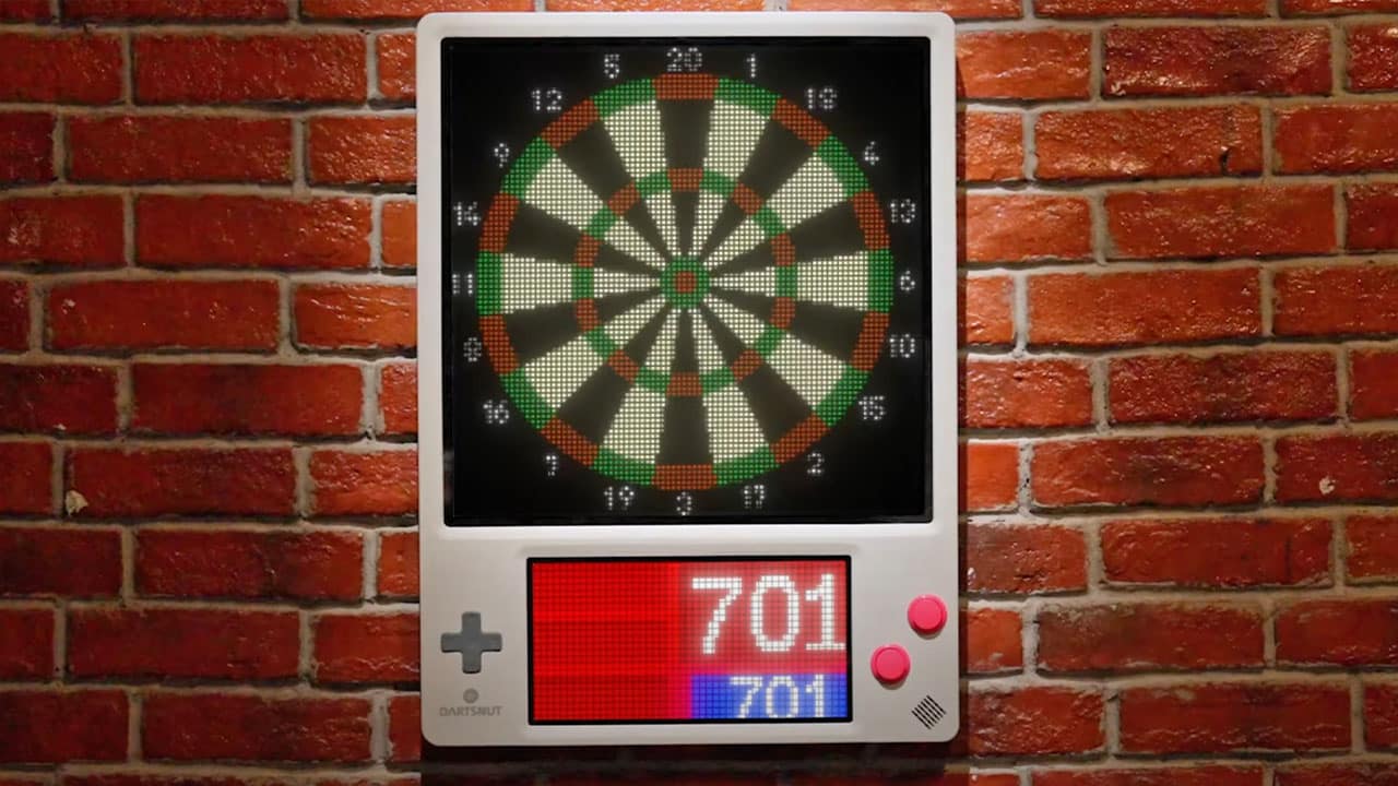 Pixeldarts electronic dart board on a wall