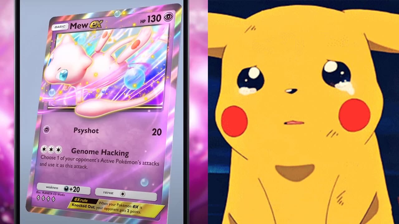 mew ex card and a sad pikachu