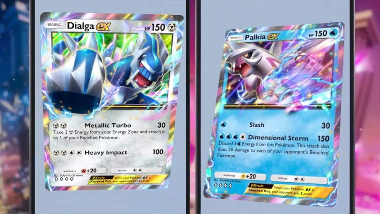 Dialga and Palkia EX cards from the new Space Time Smackdown Pokémon TCGP series