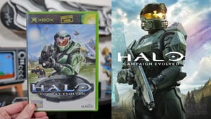 Retro Dodo copy of Halo Combat Evolved next to a promo picture for the new remake