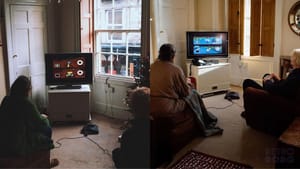 Two pictures of a couple playing Mario Kart 64 21 years apart