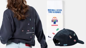 Clothing with Tetris block branding on it
