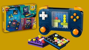 A LEGO box for the 3-in-1 gaming set (left) with a large picture of the LEGO handheld part of the set (right)