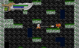 Kratos attacking an enemy mid jump in 8-bit