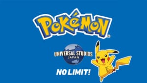 Logos for Pokémon and Universal Studios Japan, with a Pikachu jumping