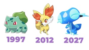 Three Pokémon starters from 1997 to 2027