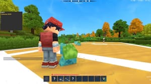 A blocky trainer and two Bulbasaurs in a new Pokémon mod built within Hytale