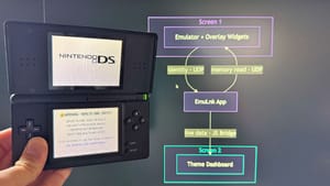 Seb holding up a Nintendo DS next to a diagram showing how EmuLnk works