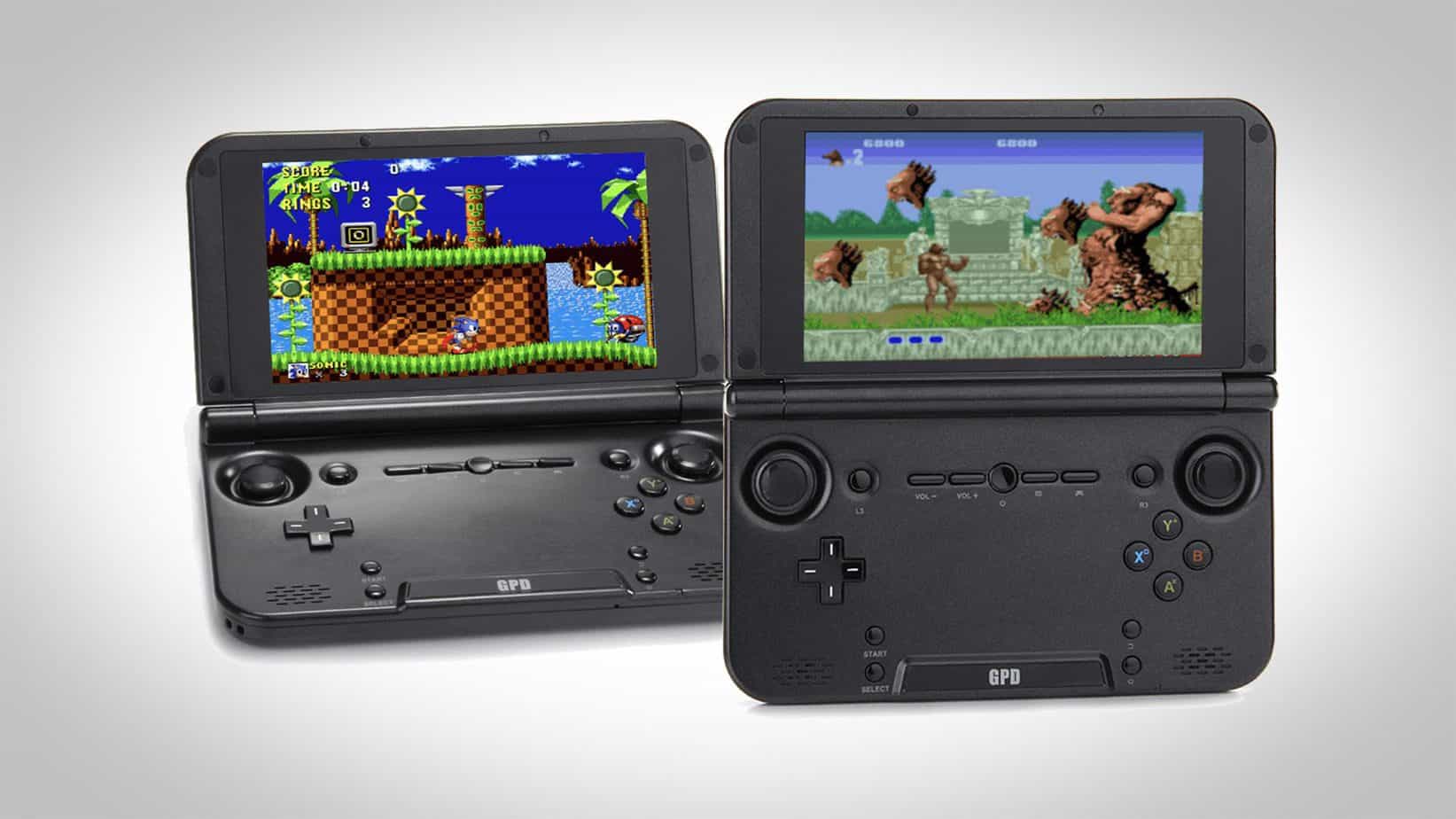 GPD clamshell consoles playing Sonic and Altered Beast