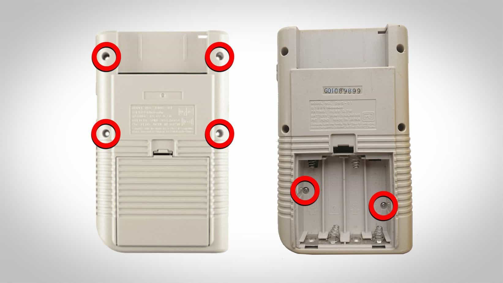 An image showing the screw points on a Gameboy