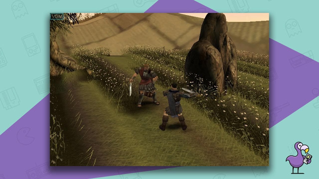 Two soldiers fighting with swords in a field next to a large rock - Gladius gameplay