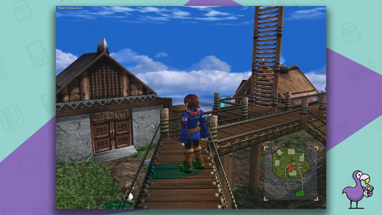 Skies Of Arcadia Legends gameplay - Vyse standing on a wooden bridge next to a ladder looking towards a stone building with wooden doors.