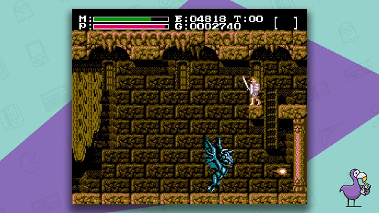 Faxanadu gameplay - a character with a sword is standing on a ledge with an enemy below.