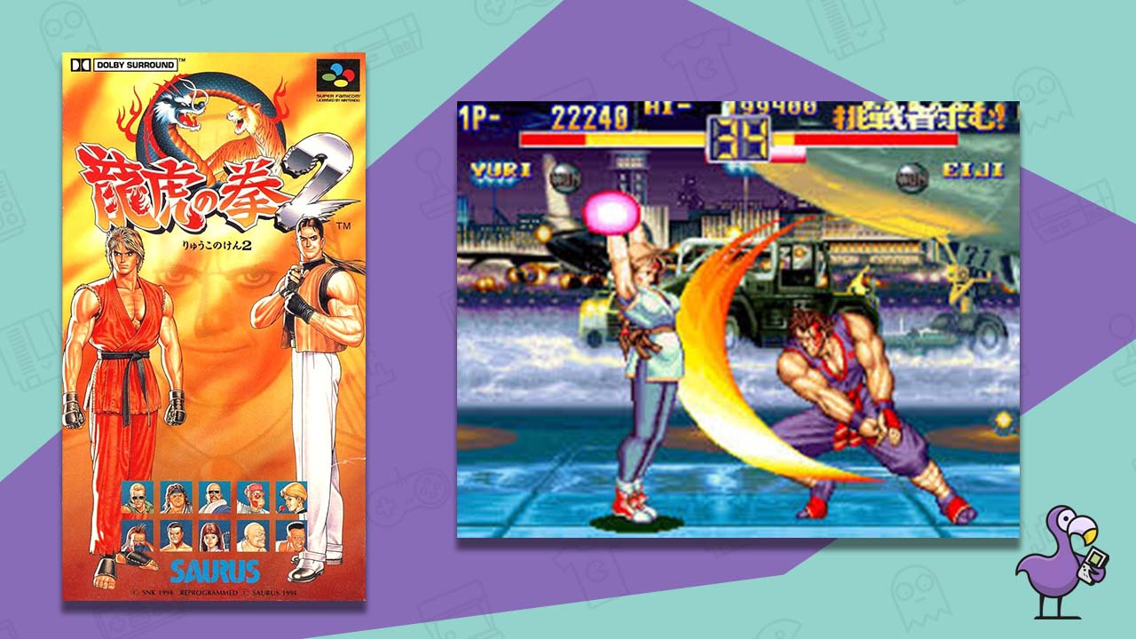 art of fighting 2 Super Nintendo game box and a scene of two characters fighting